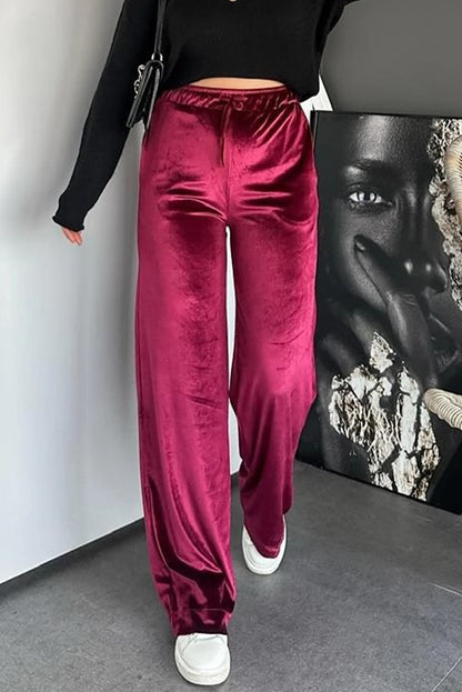 Pitaya Pink Shiny Velvet Drawstring High Waist Straight Leg Casual Pants