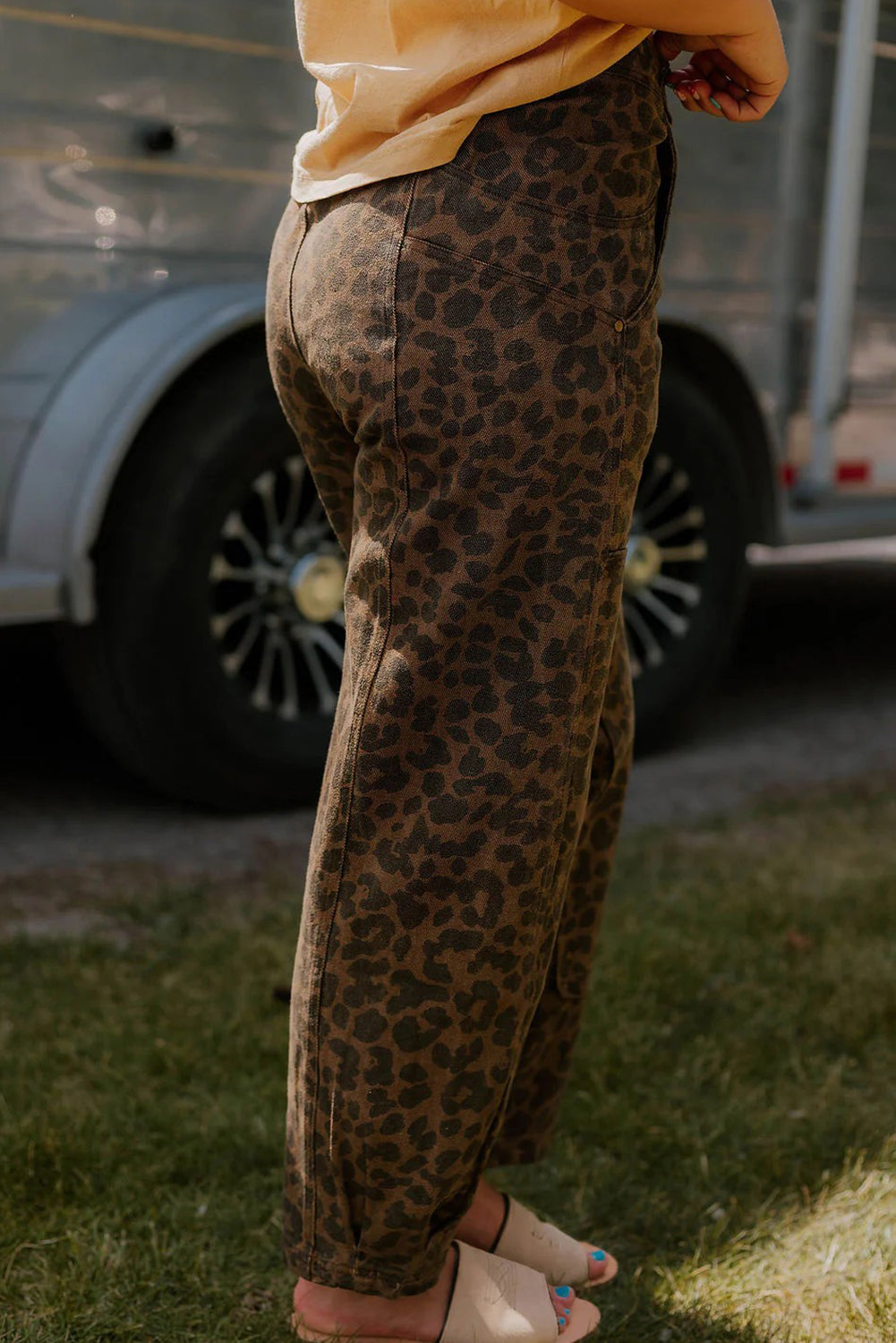 Brown Clear Seam Detail Patchwork Leopard Print Jeans