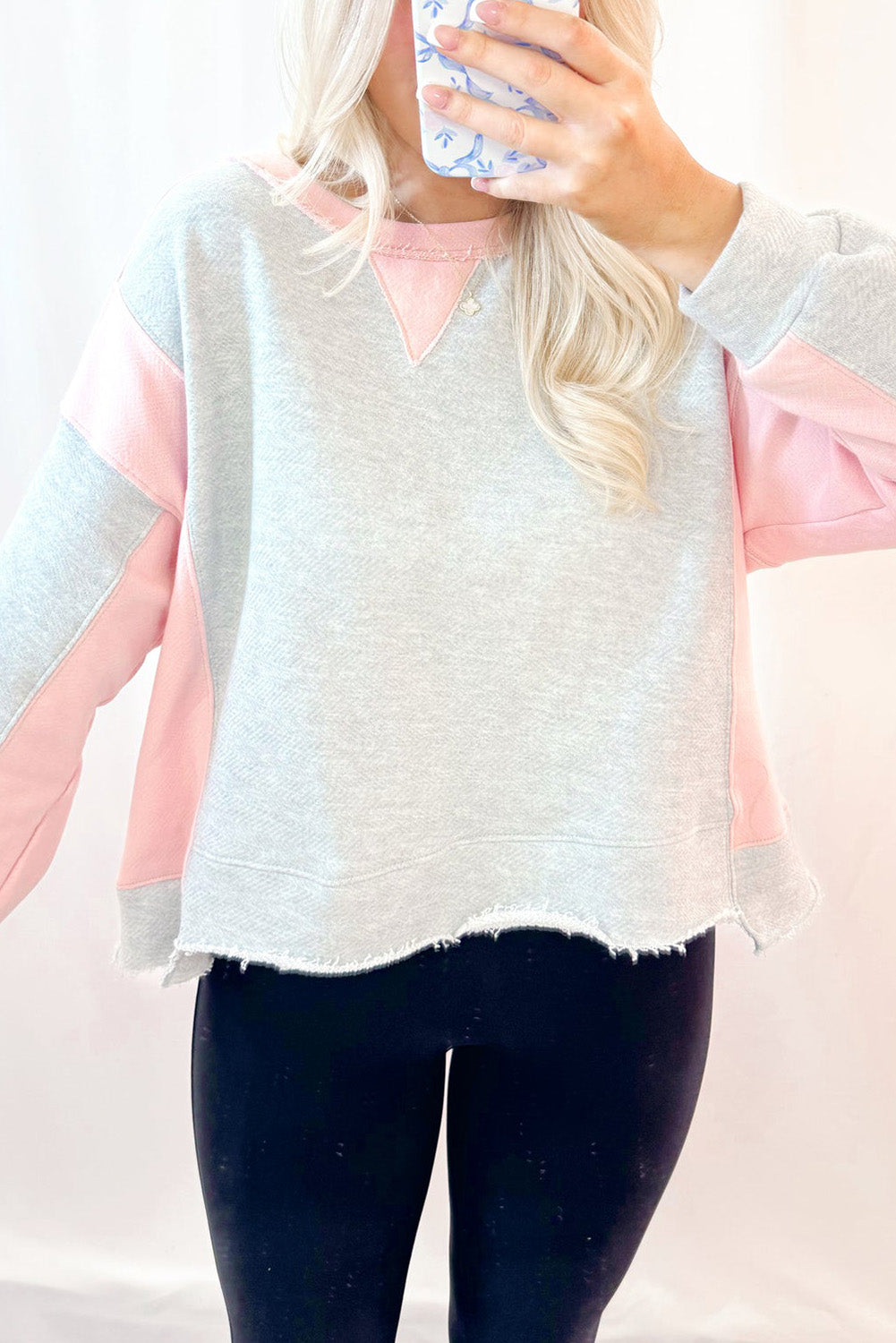 Light Grey Colorblock Raw Edge Casual Sweatshirt