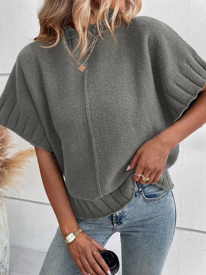 Grey Batwing Knit Sweater with Mock Neck