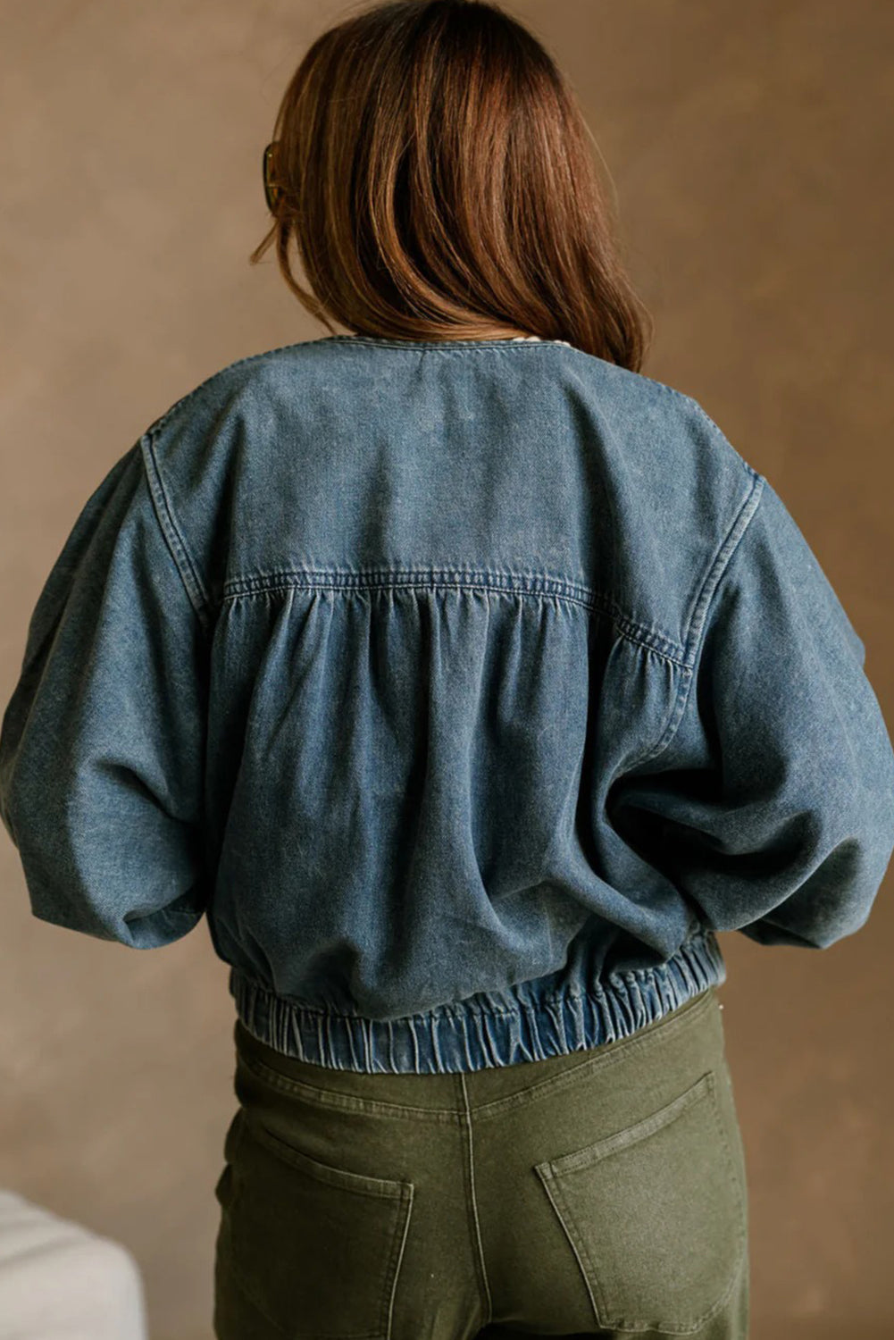 Real Teal Pleated Seam Detail Round Neck Zip Up Denim Jacket
