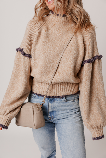 Smoke Gray Ribbed Texture Mixed Contrast Trim High Neck Drop Shoulder Sweater