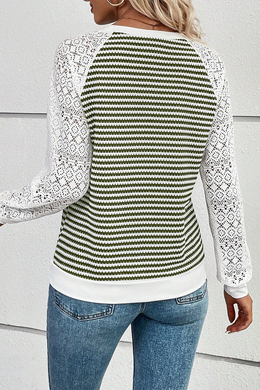 Green Stripe Textured Knit Contrast Hollowed Lace Patchwork Long Sleeve Top