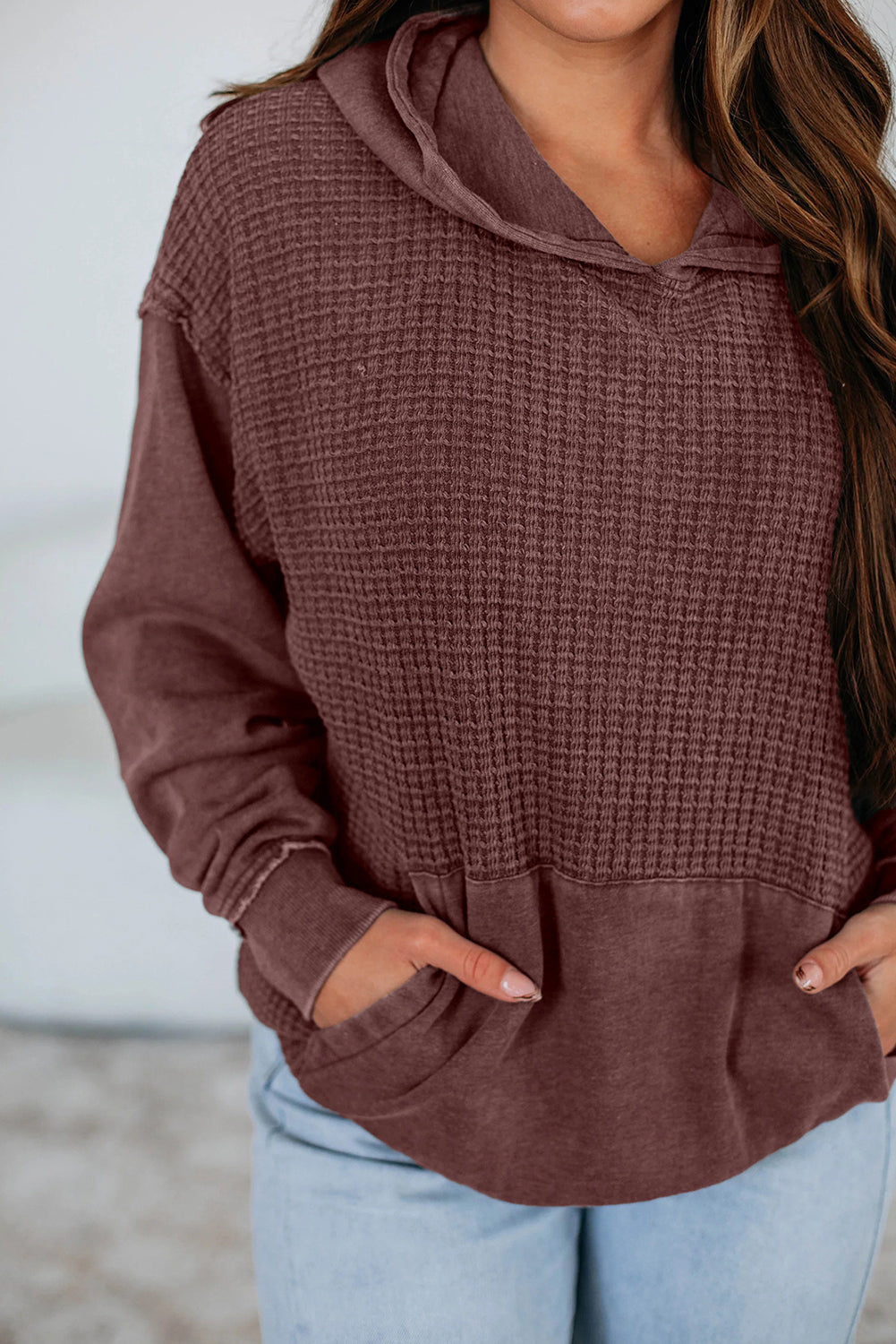 Wild Ginger Solid Color Mineral Wash Contrast Textured Patchwork Kangaroo Pocket Hoodie