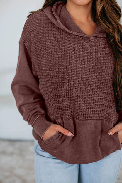 Wild Ginger Solid Color Mineral Wash Contrast Textured Patchwork Kangaroo Pocket Hoodie