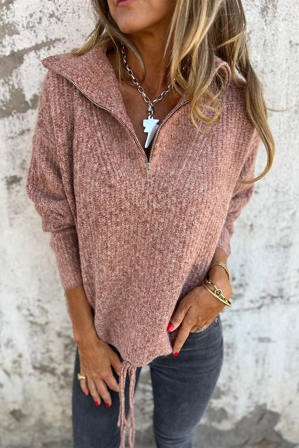 Rose Tan Half Zipped Collar Drawstring Hem Casual Sweater