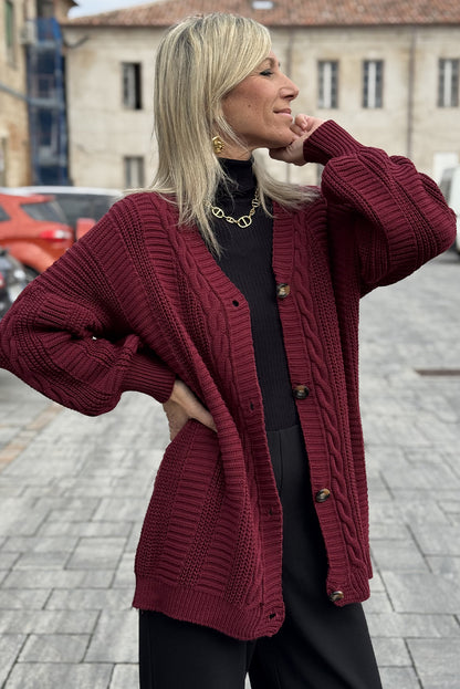 Burgundy Cable Knit Button V Neck Oversize Sweater Cardigan