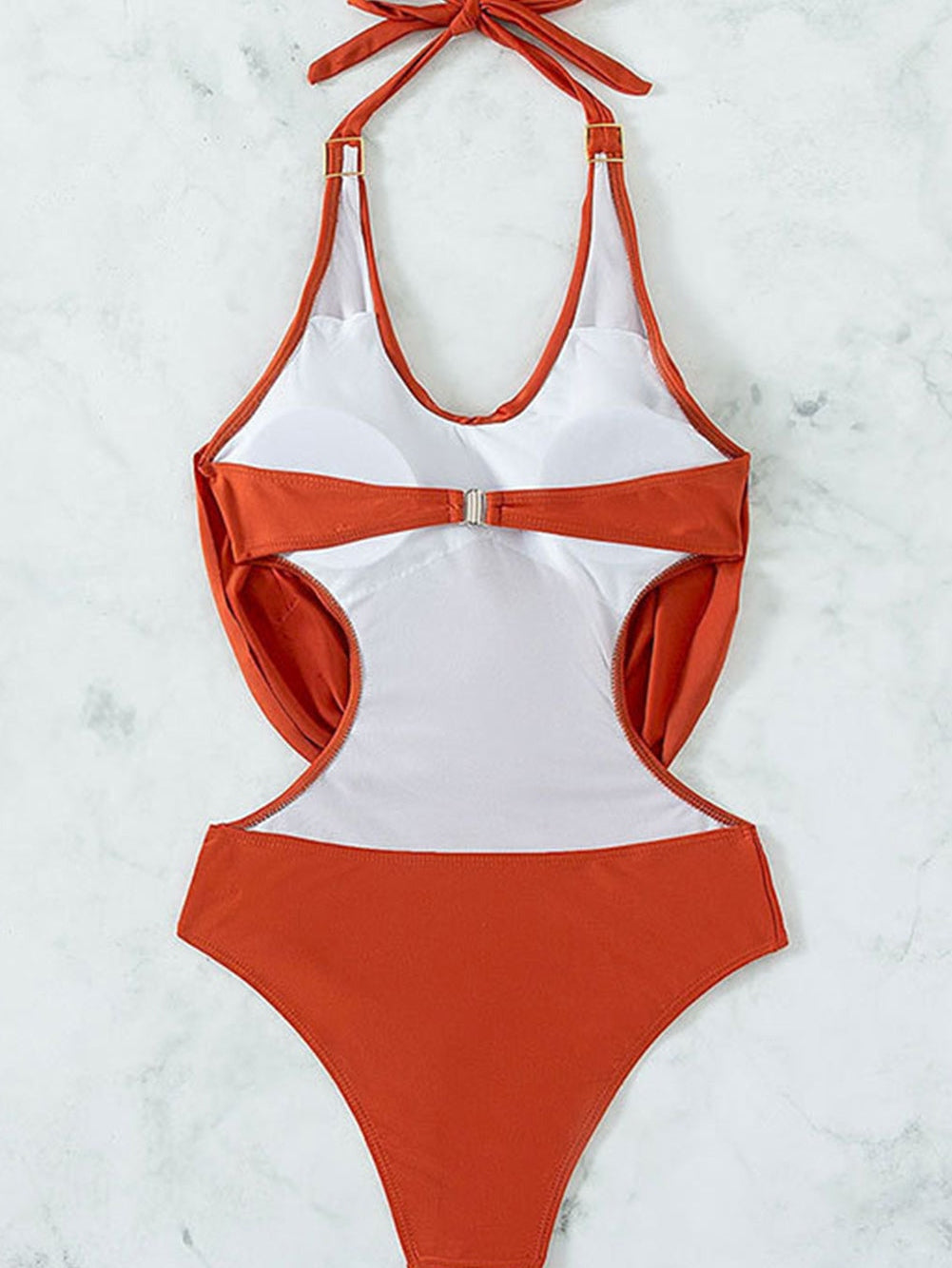 Golden Flame Halter Neck Open Back Padded One Piece Swimsuit