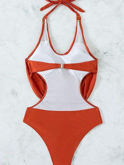 Golden Flame Halter Neck Open Back Padded One Piece Swimsuit