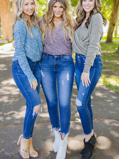 Khaki Reversible V-Neck Waffle Knit Sweater