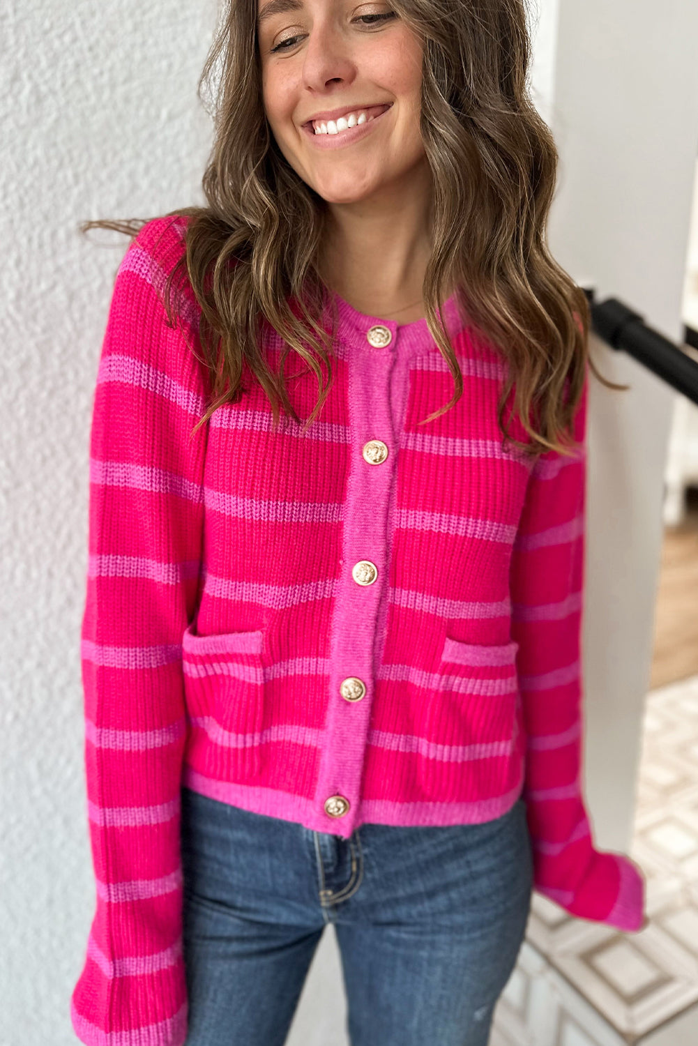 Rose Stripe Double Patch Pocket Button Front Sweater Cardigan