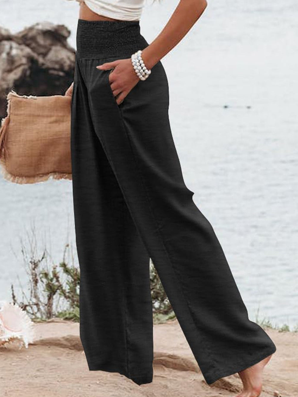 Black Shirred High Waist Plus Size Wide Leg Pants