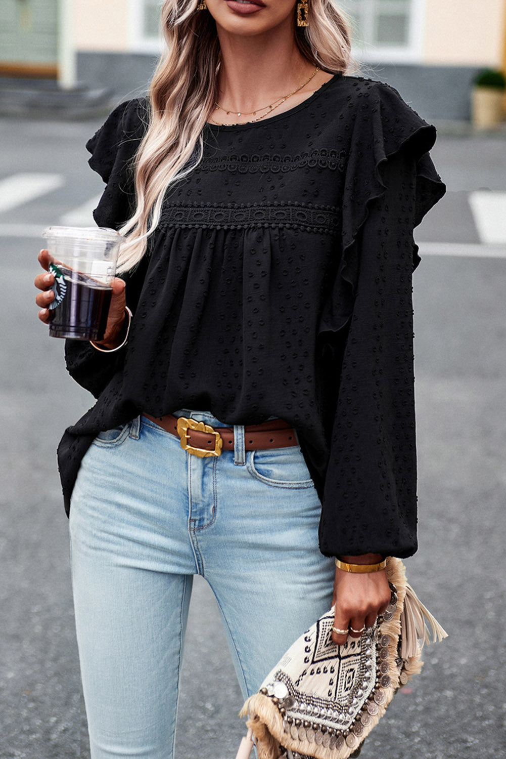 Elegant Black Lace Eyelet Ruffle Sleeve Blouse for Fall