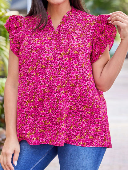 Rose Floral Print Ruffle Sleeve Plus Size Shift Top