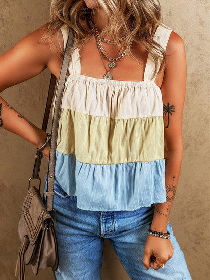 Apricot Stripe Colorblock Tiered Sleeveless Tank Top