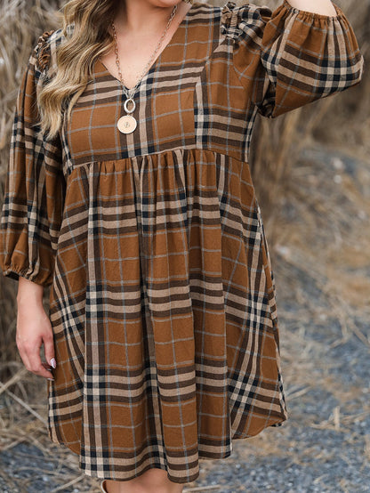 Brown Printed Plaid V Neck Plus Size Babydoll Dress