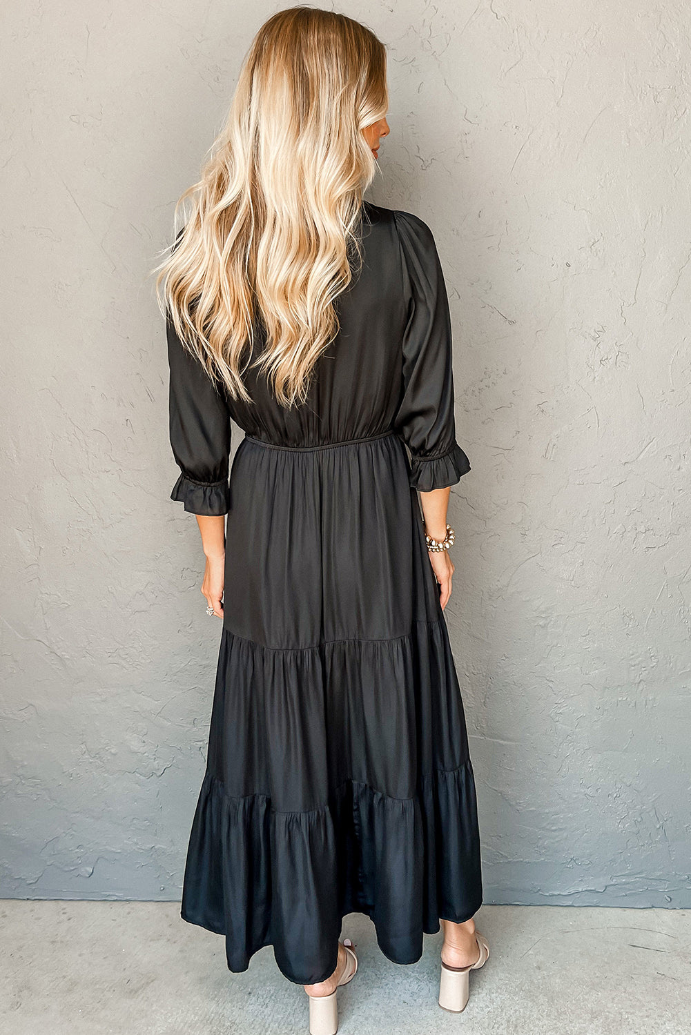 Black Flounce Bracelet Sleeve V Neck Tiered Maxi Dress