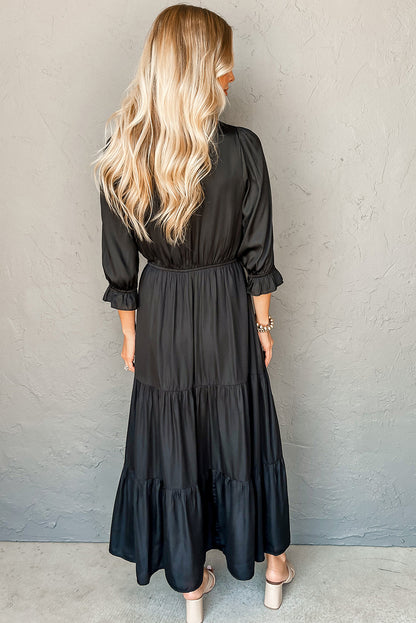 Black Flounce Bracelet Sleeve V Neck Tiered Maxi Dress