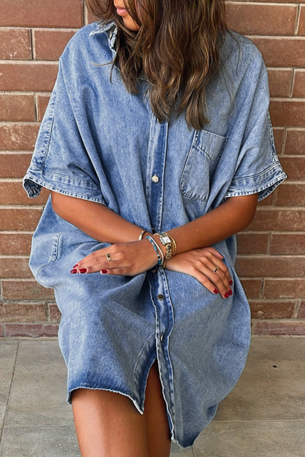 Retro Short Sleeve Denim Long Dress
