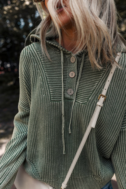 Mist Green Mineral Wash Ribbed Knit Button Drawstring Neck Hooded Sweater