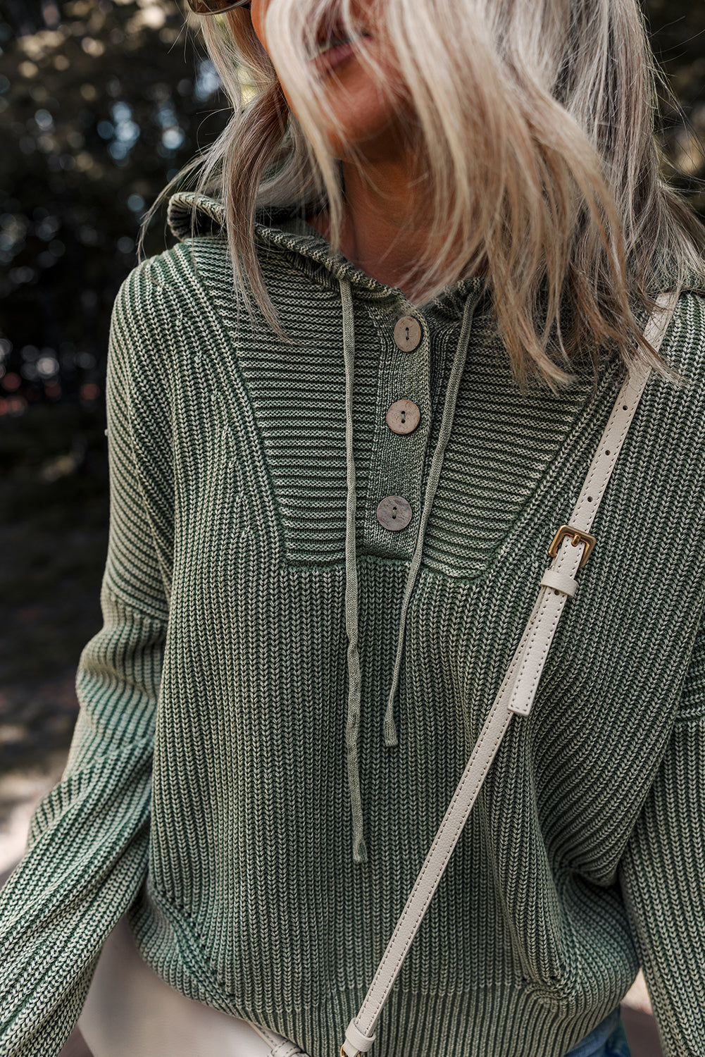 Mist Green Mineral Wash Ribbed Knit Button Drawstring Neck Hooded Sweater