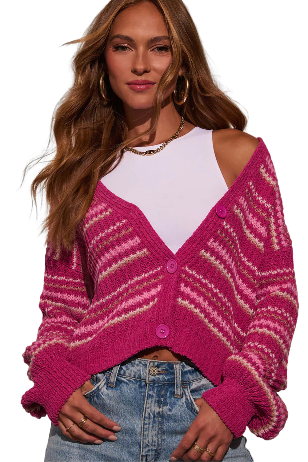 Rose Stripe Button V Neck Drop Shoulder Puff Sleeve Sweater Cardigan