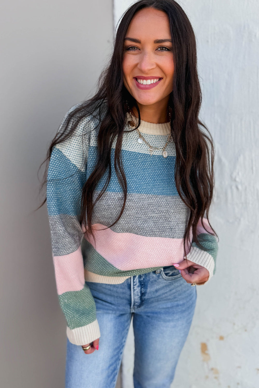 Light Blue Striped Color Block Round Neck Loose Sweater