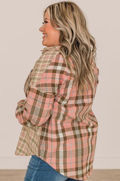 Pink Plaid Pocketed Plus Size Shirt With Long Sleeves