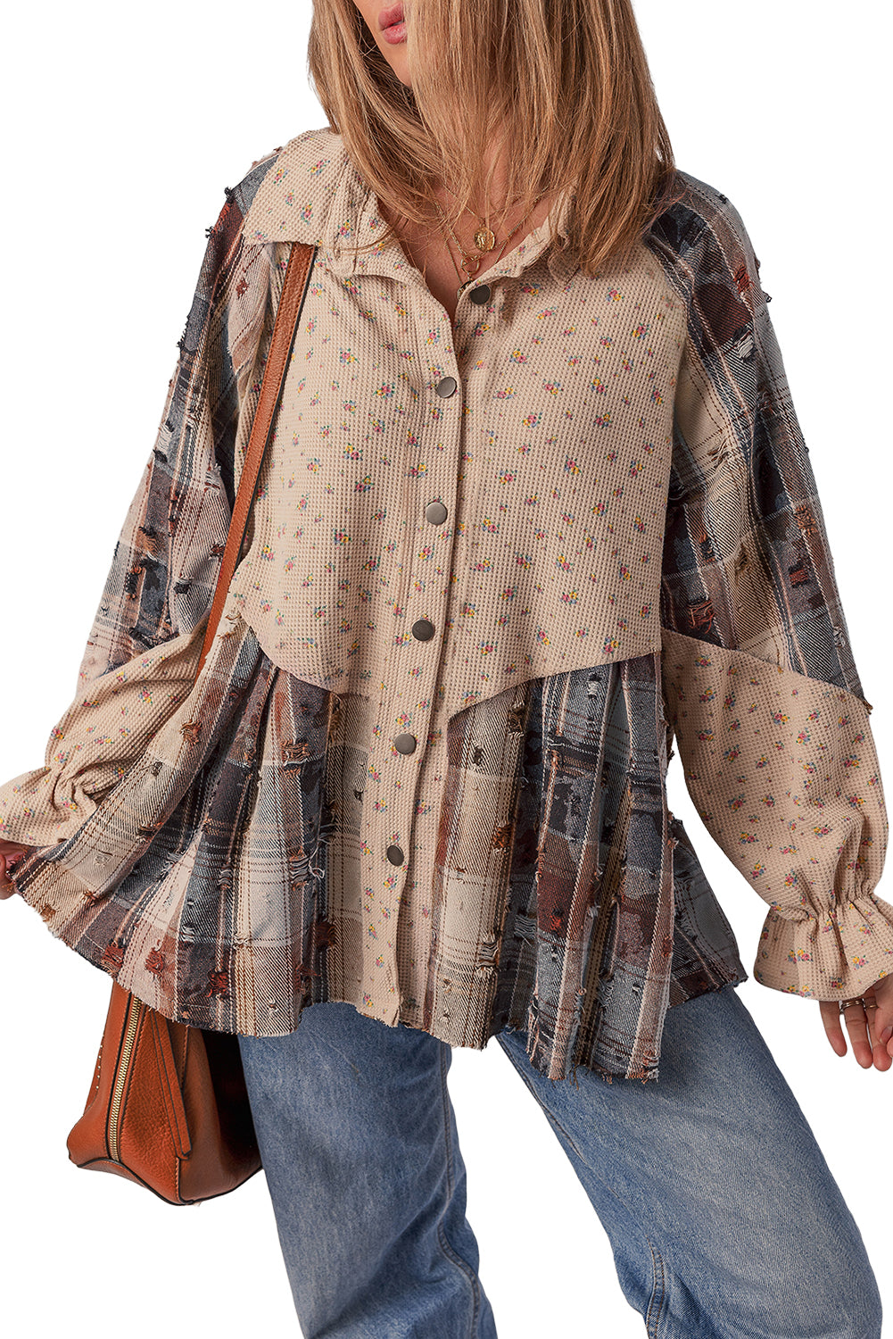 Ashleigh Blue Boho Floral Plaid Patchwork Distressed Detail Ruffled Sleeve Waffle Knit Shacket
