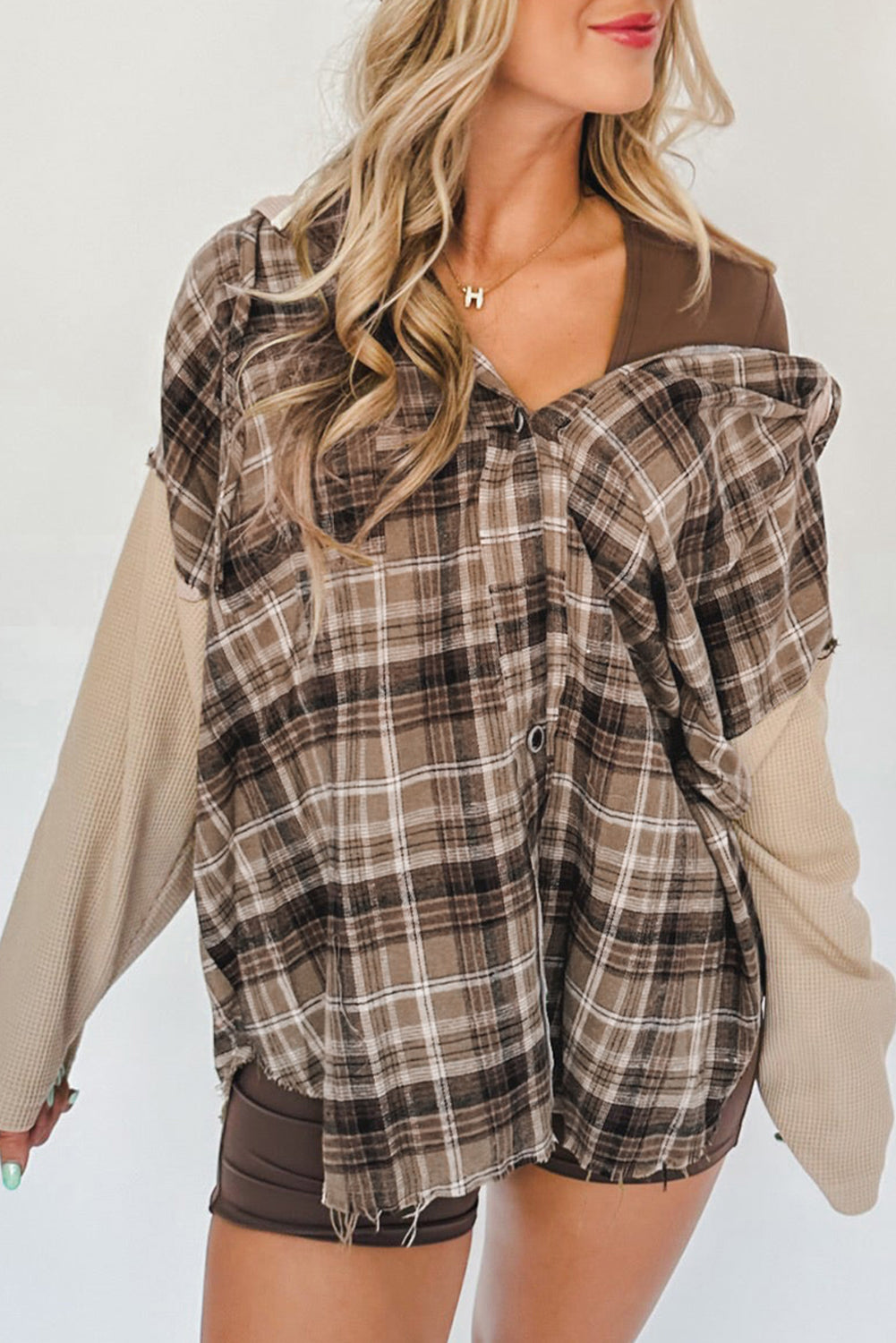 Khaki Plaid Patch Hooded Frayed Shacket