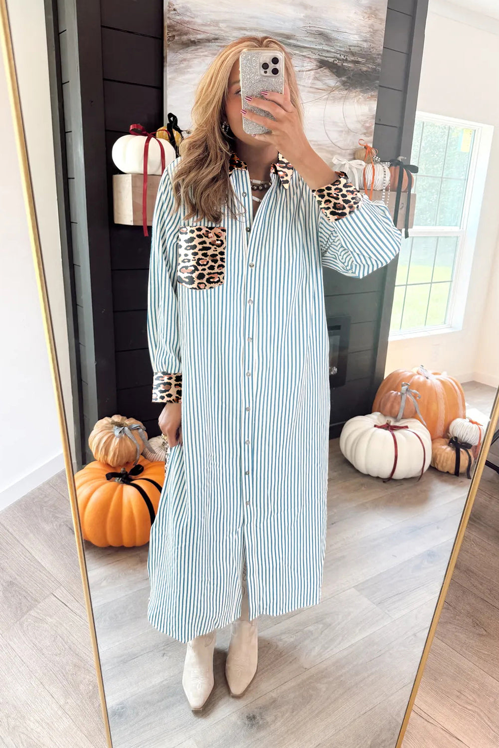 Sky Blue Stripe Contrast Leopard Patchwork Long Shirt Dress