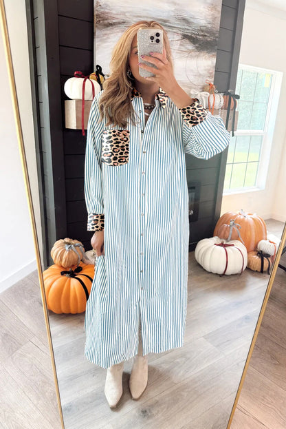 Sky Blue Stripe Contrast Leopard Patchwork Long Shirt Dress