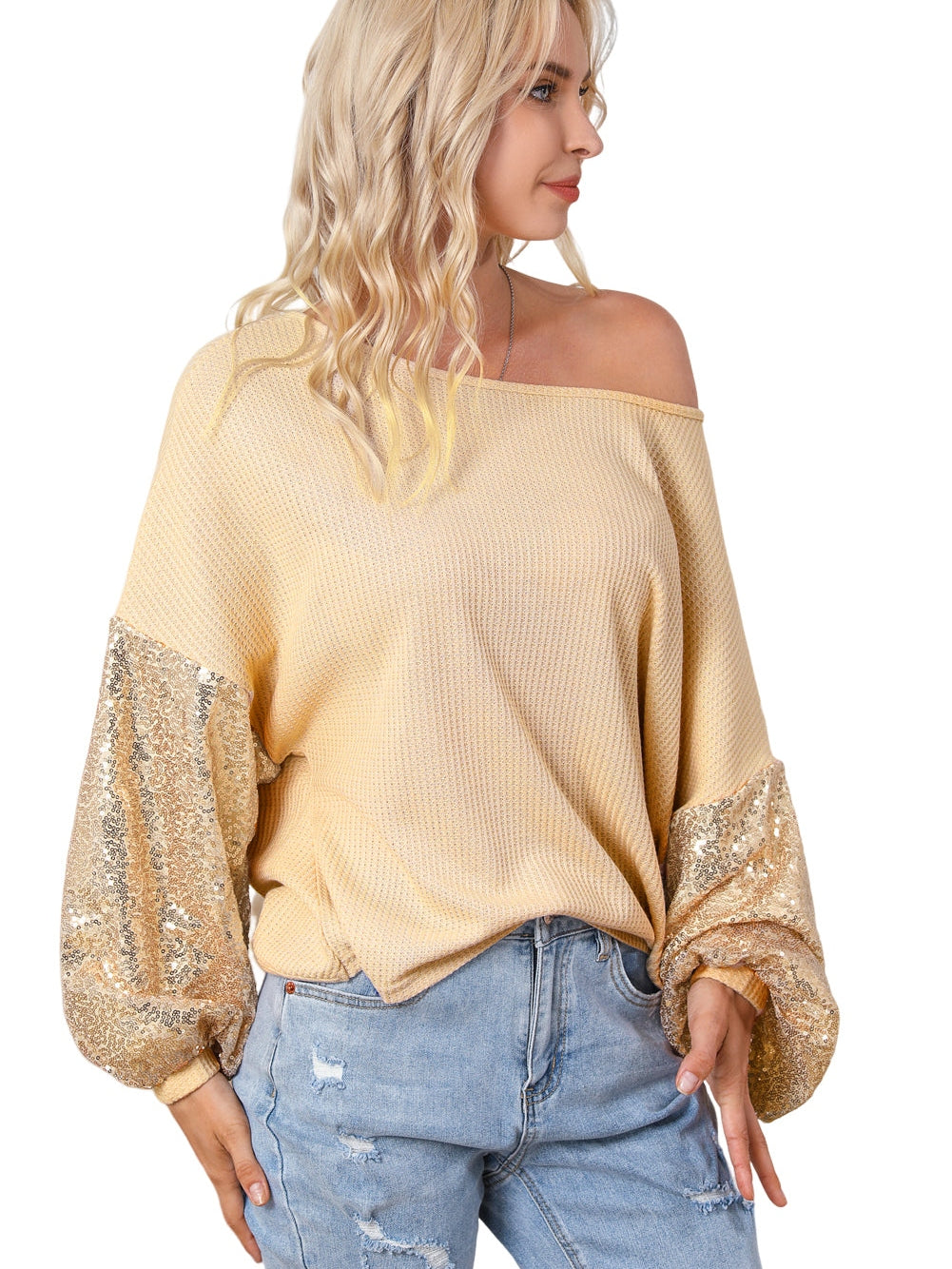 Apricot Sequin Patchwork Waffle Knit Open Back Top with Long Sleeves