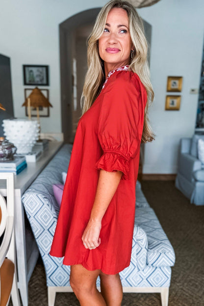 Fiery Red Flounced Half Sleeve Contrast Embroidered Split Neck Shift Mini Dress