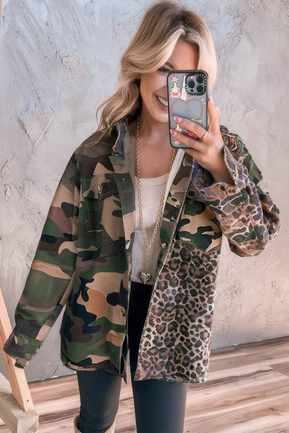 Brown Leopard Camo Patchwork Oversize Shacket