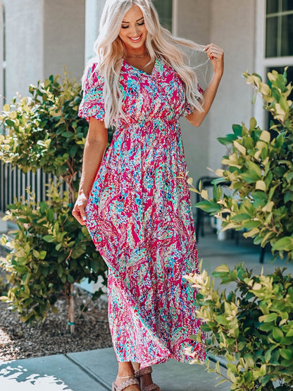 Vintage Print Puff Sleeve Maxi Dress