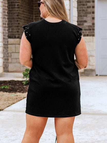 Black Studded Cap Sleeve Plus Size T-shirt Dress