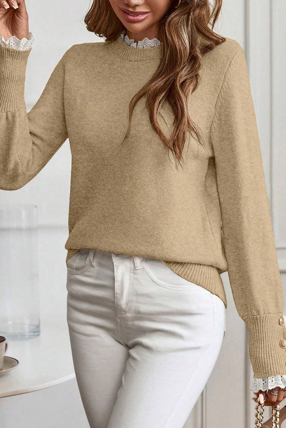 Light French Beige Lace Trim Patchwork Buttoned Cuffs Loose Sweater