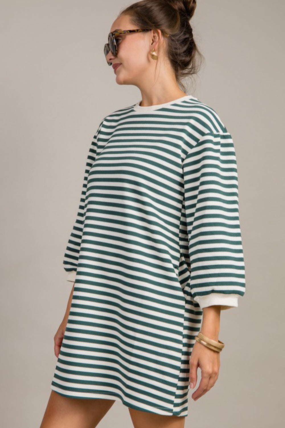 Green Stripe Puffy Bracelet Sleeve Shift Mini T Shirt Dress