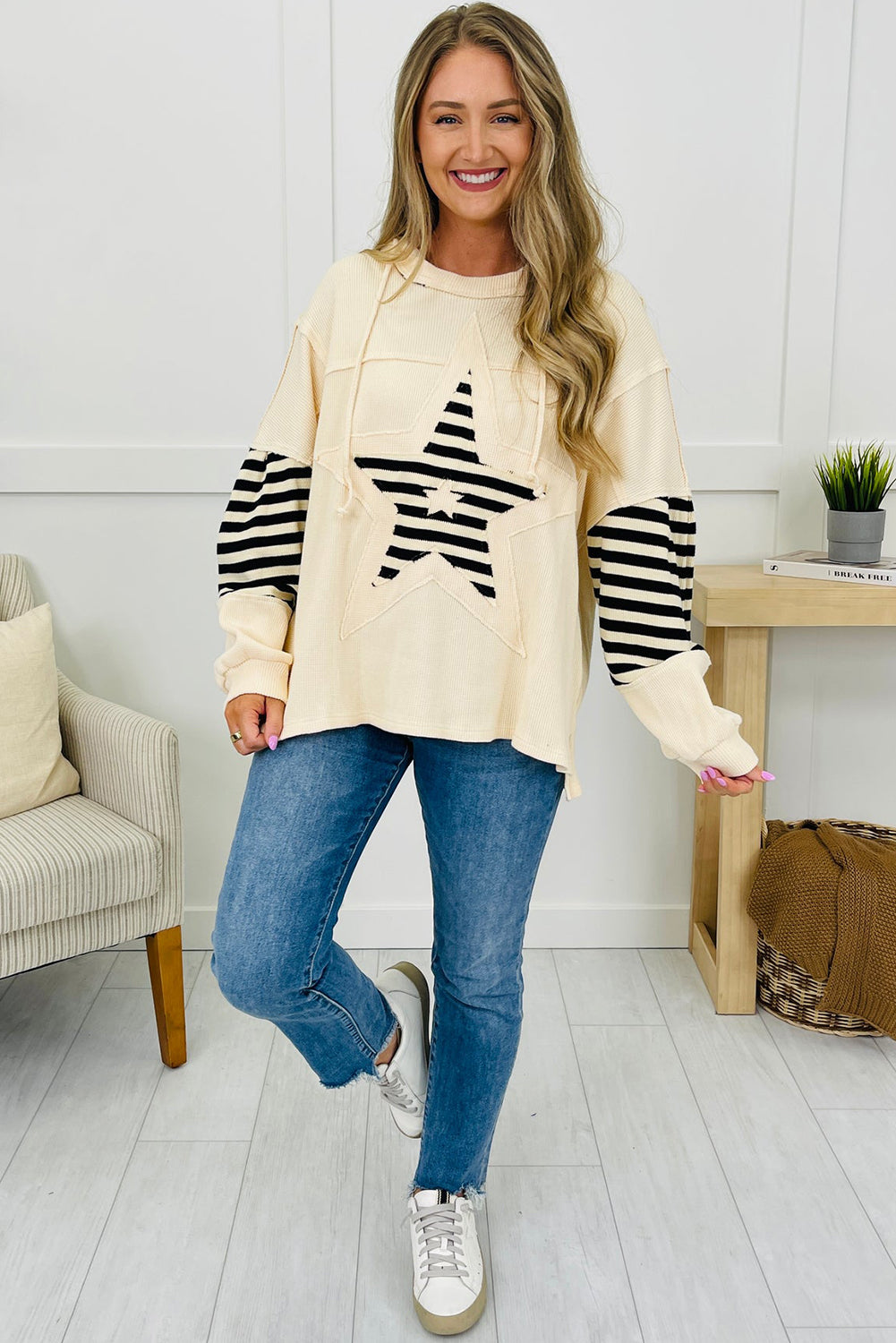 Beige Waffle Texture Striped Star Patchwork Oversize Hoodie
