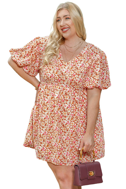 Floral Print Puff Sleeves Plus Size Mini Dress in Multicolor Bouquet