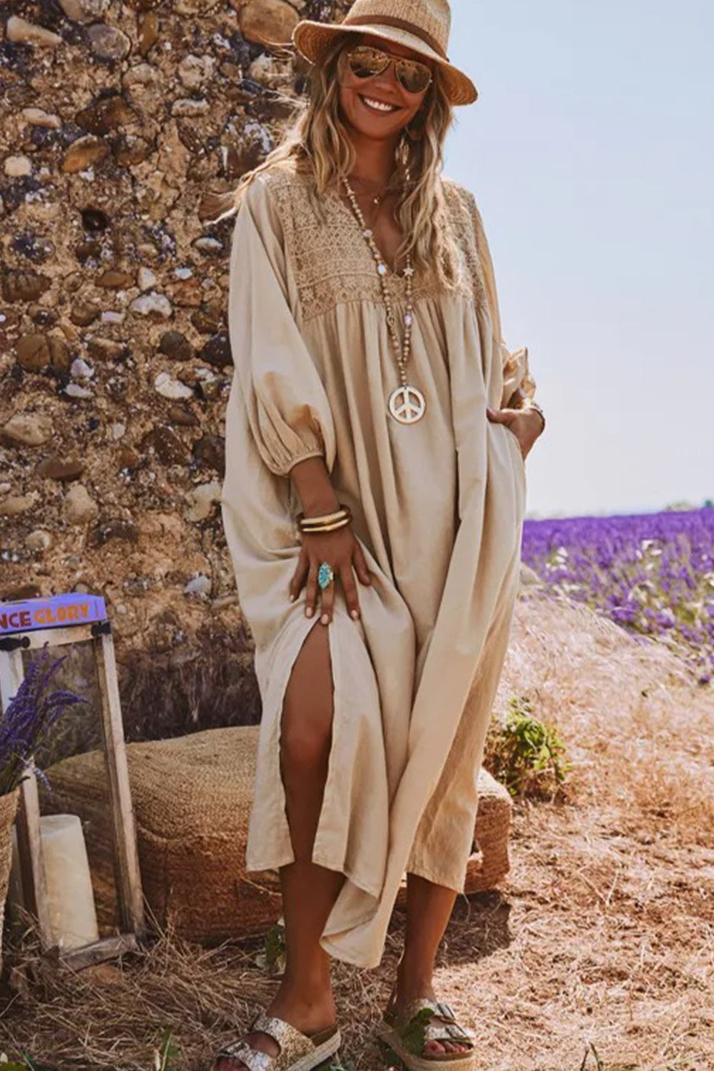 Jet Stream V Neck Lace Patchwork 3/4 Sleeve Long Shift Dress