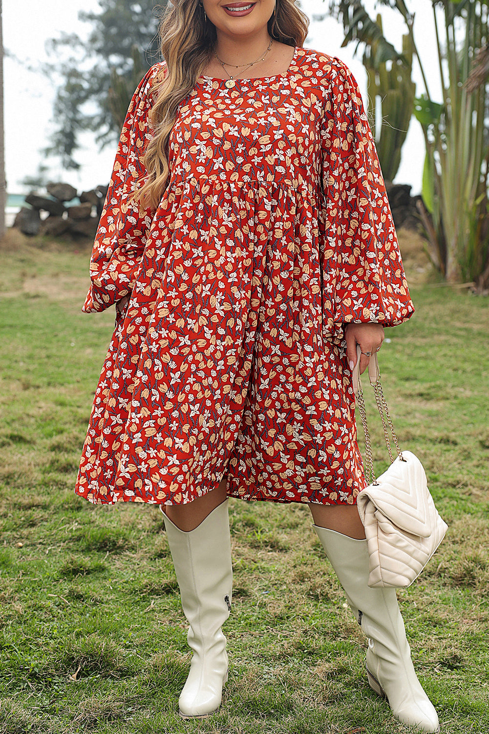 Elegant Gold Floral Square Neck Bubble Sleeve Plus Size Midi Dress