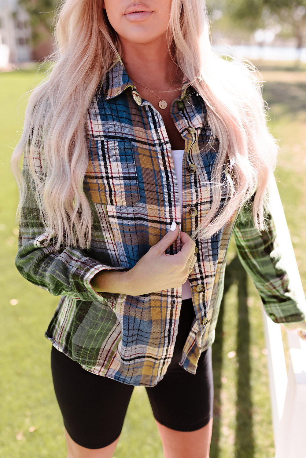 Green Plaid Shacket with Button Up Chest Pockets