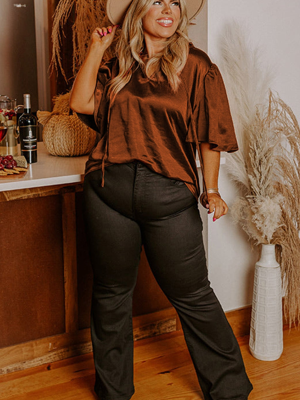 Chestnut Frilled Split Neck Plus Size Satin Blouse