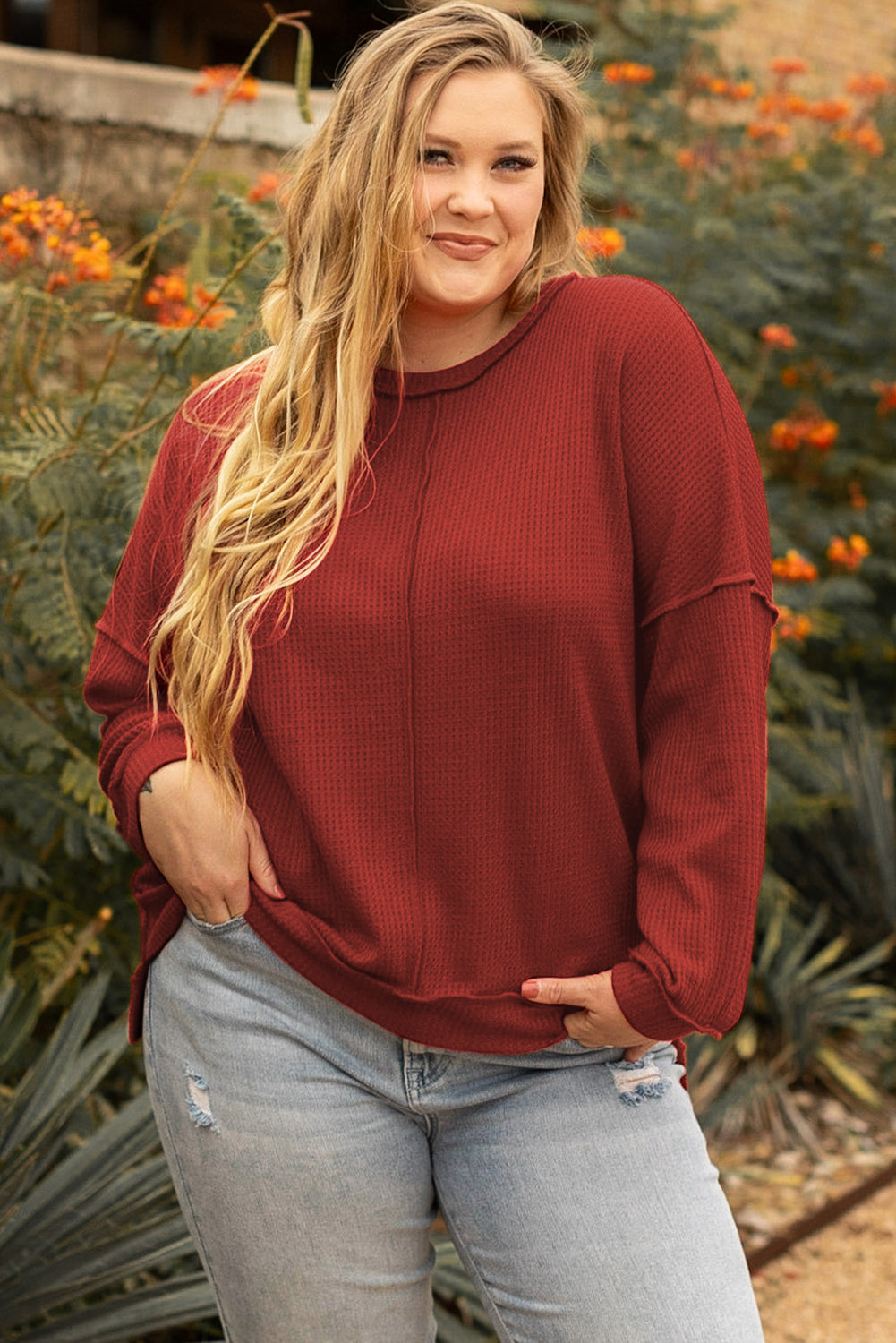 Flame Gold Plus Size Waffle Knit Top with Exposed Seam Detail
