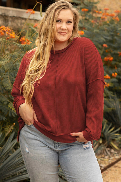 Flame Gold Plus Size Waffle Knit Top with Exposed Seam Detail