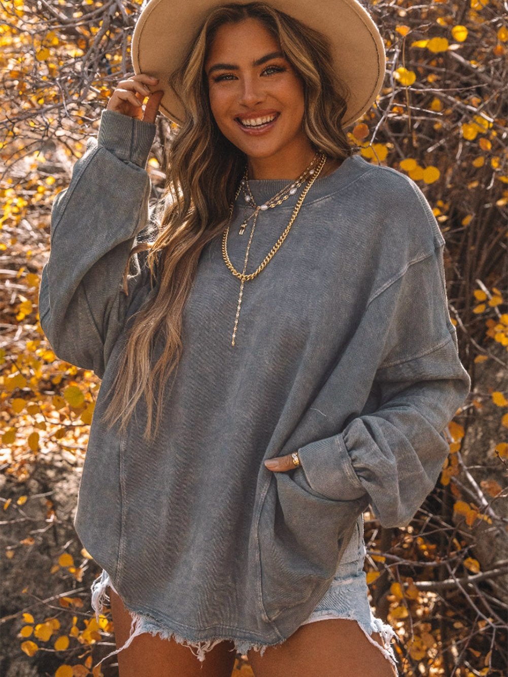 Exposed Seam Twist Gray Oversized Pullover with Open Back