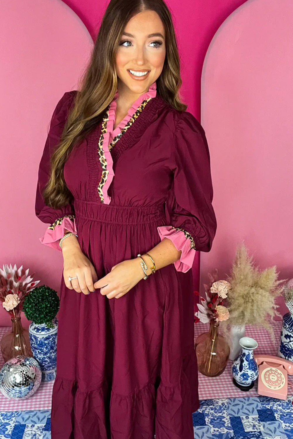 Burgundy Contrast Frilled Trim V Neck 3/4 Ruffled Sleeve Flowy Midi Dress