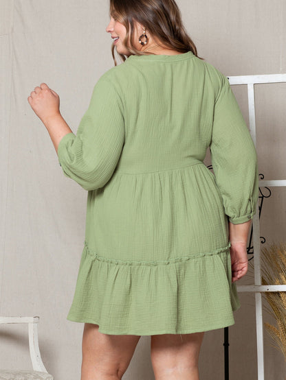 Green Textured Ruffled Buttoned V Neck Plus Size Mini Dress